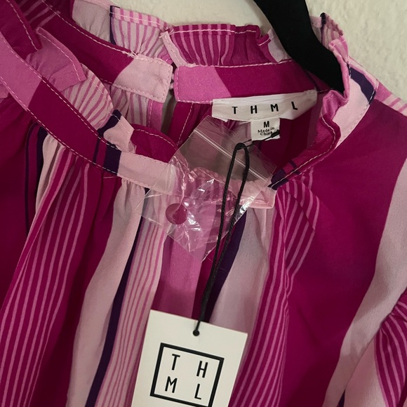 THML Blouse Women’s Sz M Davis Striped Pink/Purple Feminine Chic Summer NWT - Picture 2 of 10
